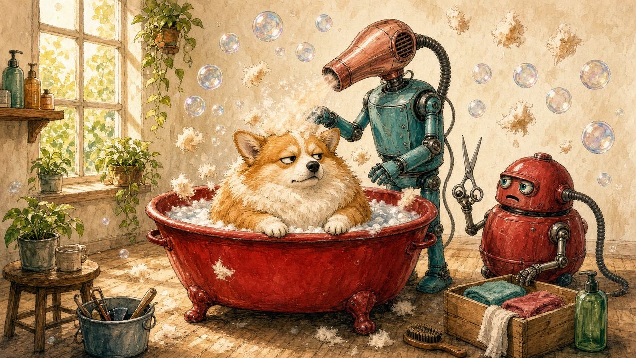 A robot blow-drying a very round, very unimpressed corgi in a tiny salon.